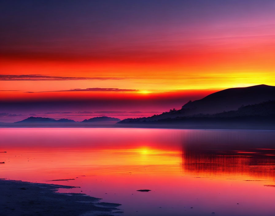 Scenic sunset over tranquil beach with red and purple hues