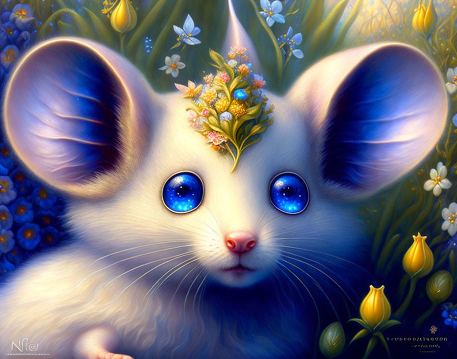 Illustration of a whimsical mouse with luminous blue eyes and flowers in a floral setting