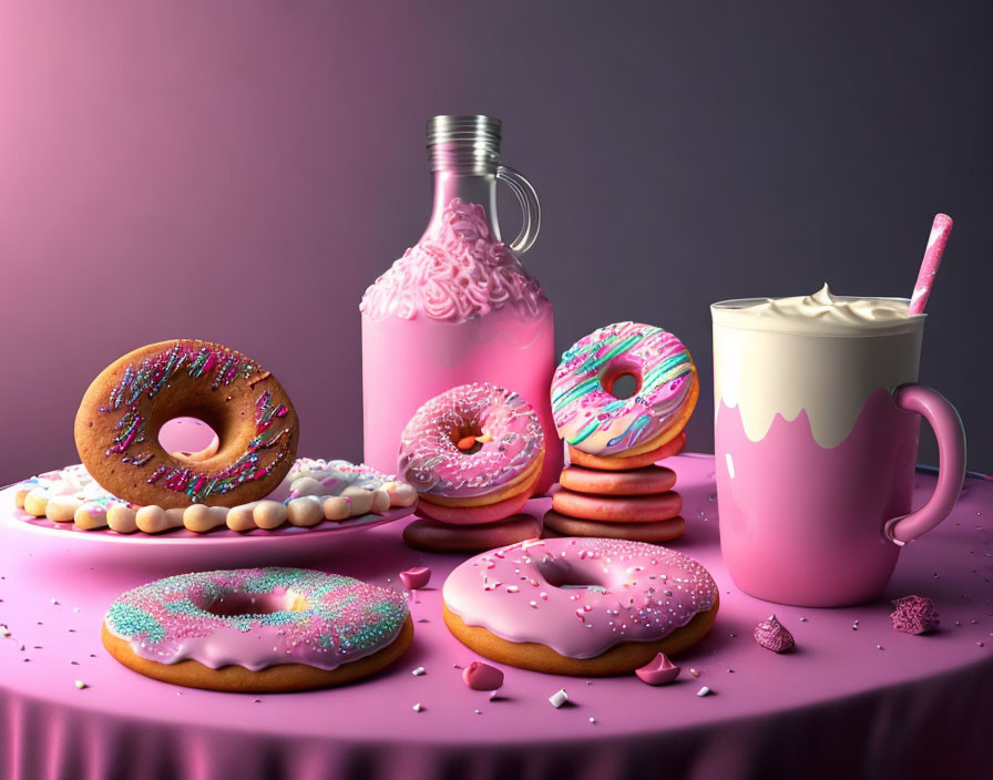Pink-themed Desserts: Donuts, Milk Bottle, Whipped Topping, Coffee Mug