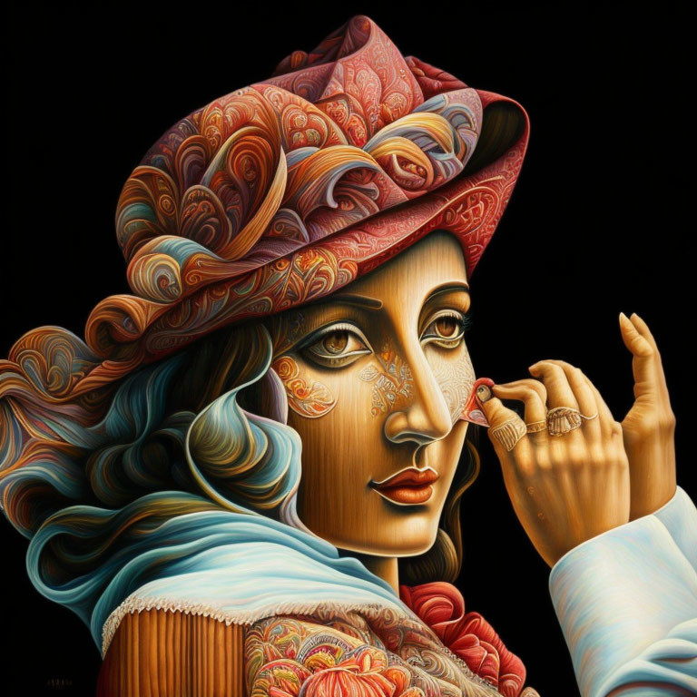 Colorful painting of person in intricate attire touching face gracefully