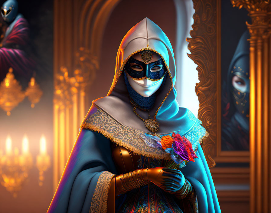 Person in Blue and Gold Cloak with Masked Face Holding Purple Flower