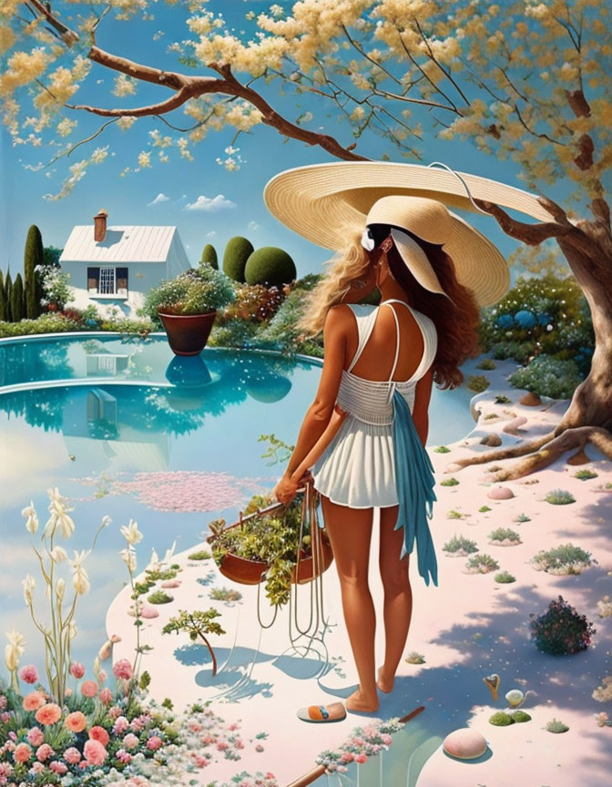 Woman in white dress and hat by tranquil pond in blossoming garden with flower basket.