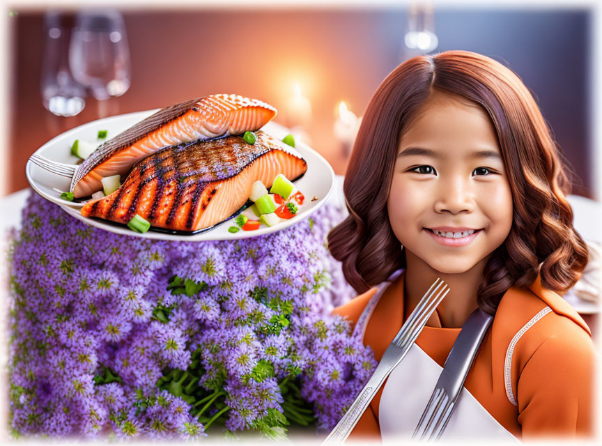 Young Girl Enjoying Grilled Fish and Vegetables with Purple Flowers