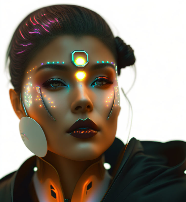 Vibrant digital portrait of a woman with cybernetic face markings