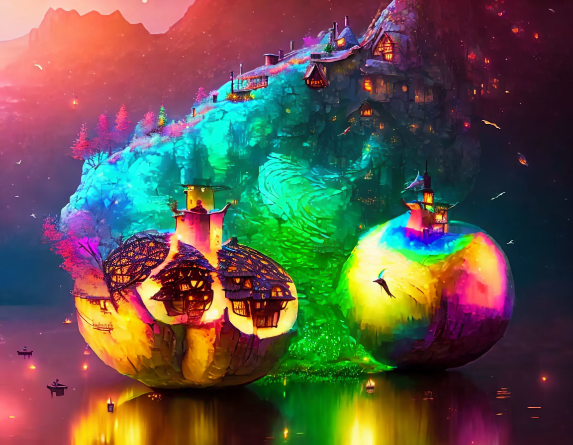 Vividly colored floating apple-shaped houses on water with mountain backdrop