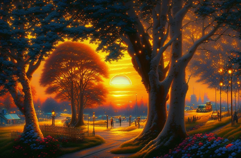 Vibrant sunset over serene park pathway