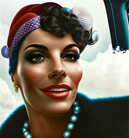 Smiling woman in retro attire with red hat and pearls on cloudy sky backdrop