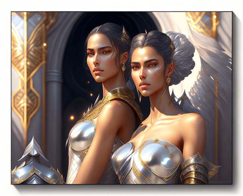 Twin warriors with angelic wings in elaborate armor