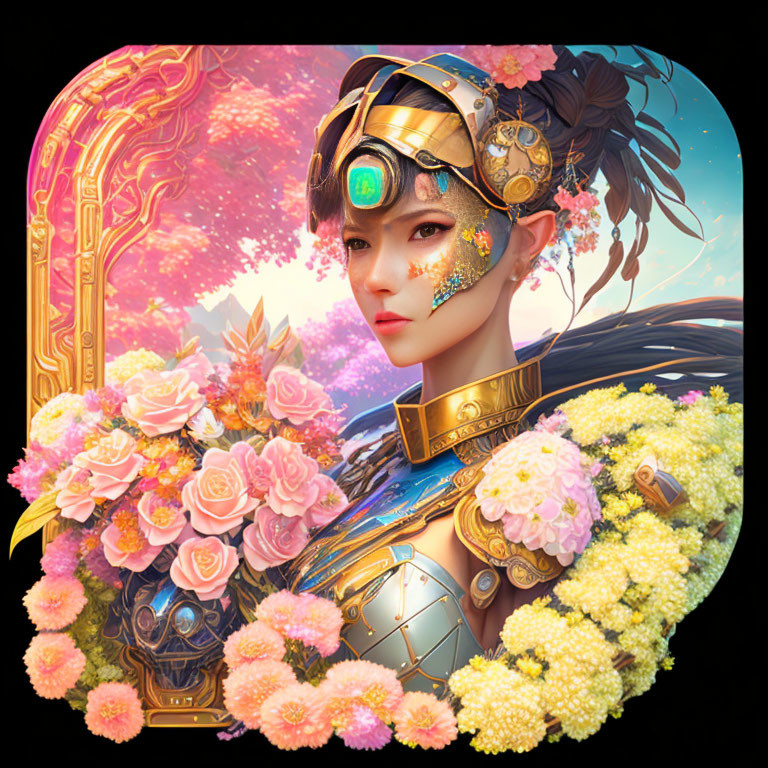 Futuristic armored woman with flowers in vibrant fantasy setting
