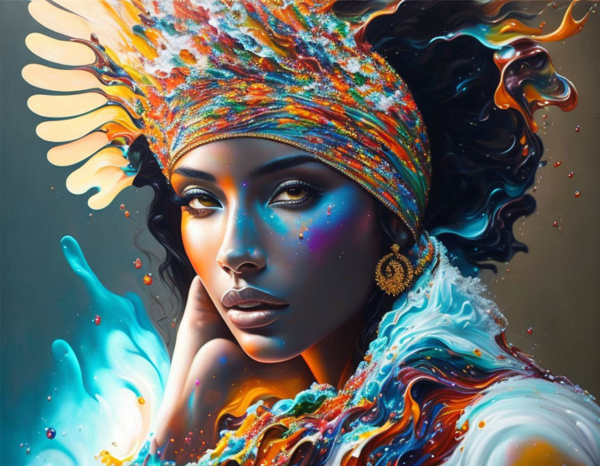 Colorful liquid splash effect on woman's head in vibrant artwork