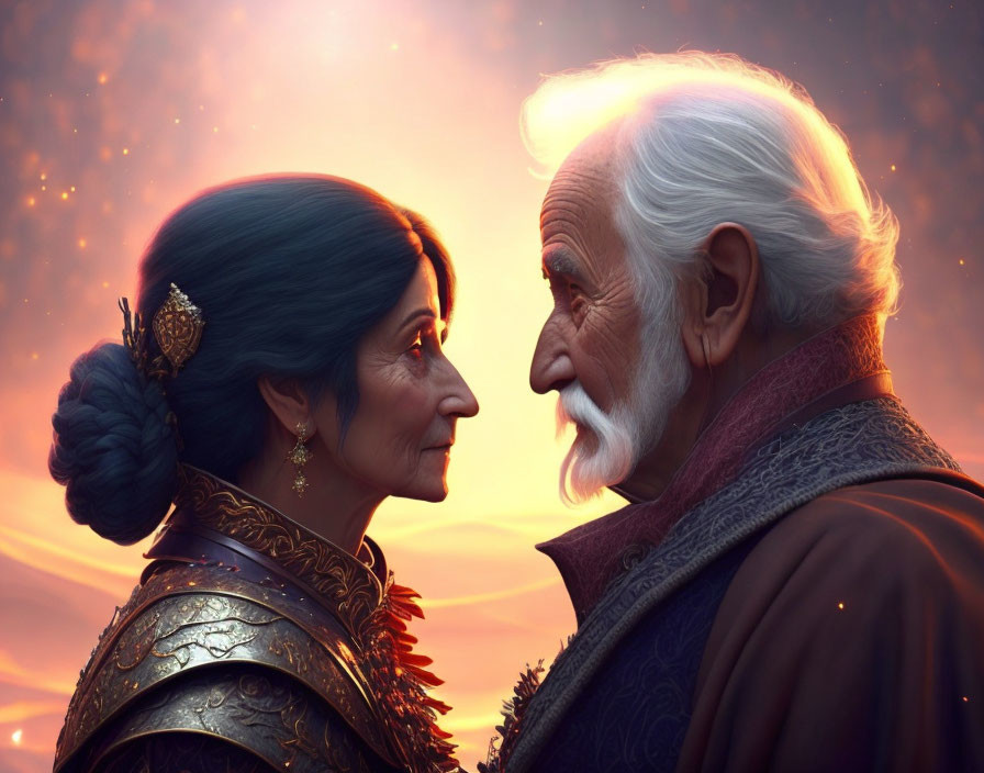 Elderly Couple in Regal Attire Smiling at Twilight