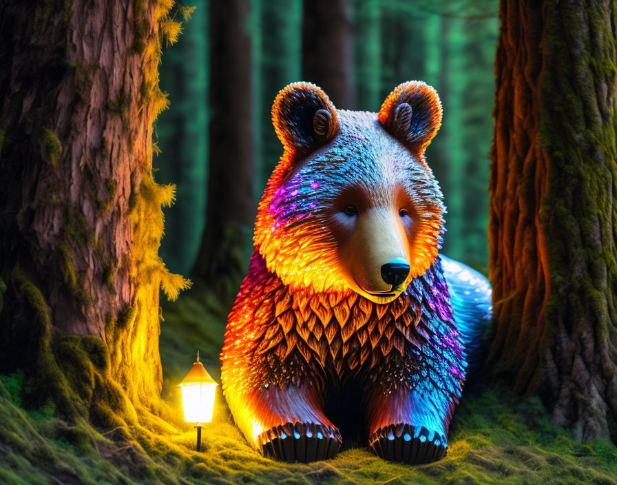 Colorful Bear Sculpture in Enchanted Forest with Glowing Lantern