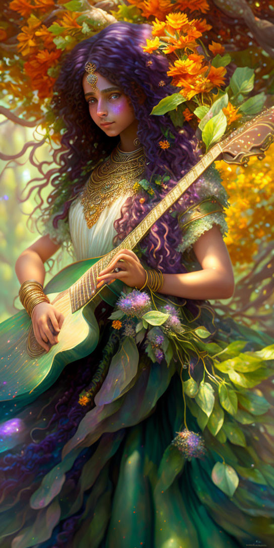 Woman with long dark hair playing lute in vibrant autumn forest.