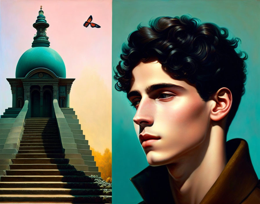 Surreal diptych: Monumental staircase and young man portrait