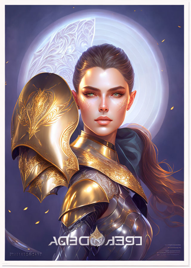 Female warrior digital illustration in ornate golden armor with mandala background.