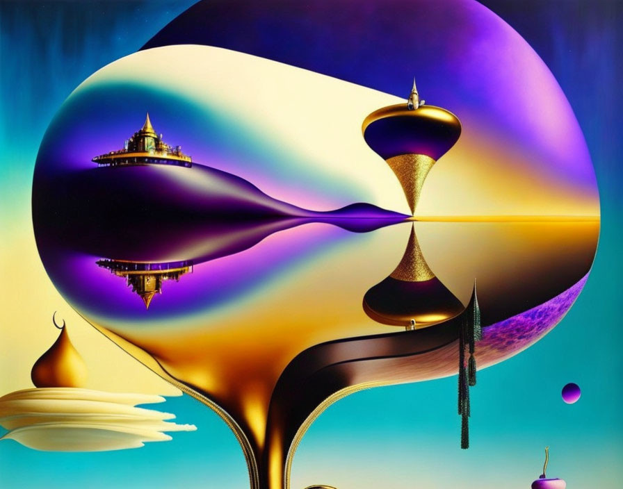 Surreal digital artwork: Fluid shapes, vibrant backdrop, architectural and celestial elements