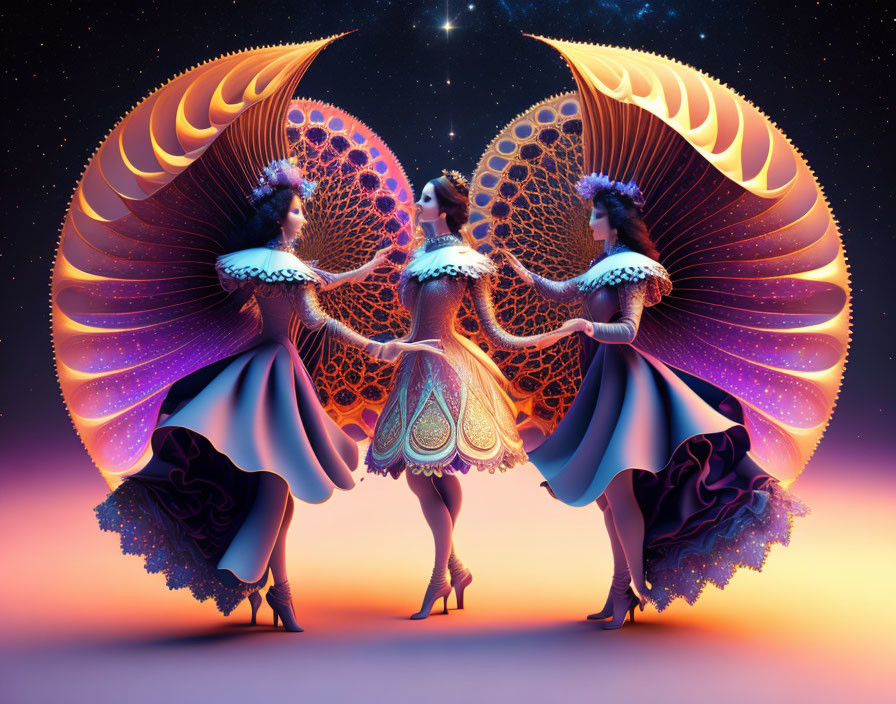 Three women in glowing fantasy dresses with fractal wing-like appendages under starry sky