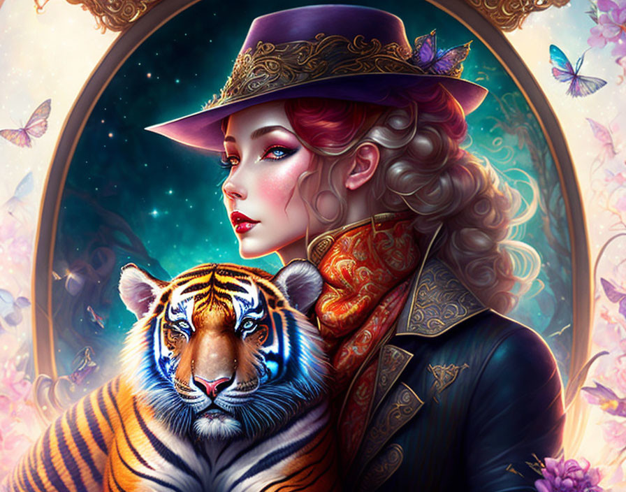 Stylized portrait of woman with red hair and tiger in ornate setting