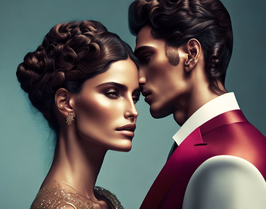 Stylized portrait of man and woman with elaborate hairstyles and elegant attire on teal background