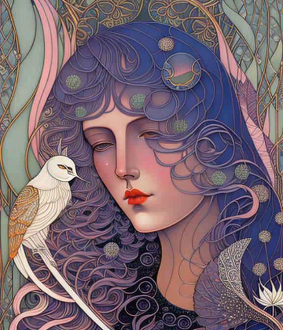 Art Nouveau-style illustration of woman with blue hair and white bird on pink background