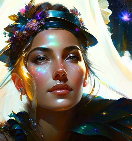 Woman in floral crown with cosmic glow and mystical aura