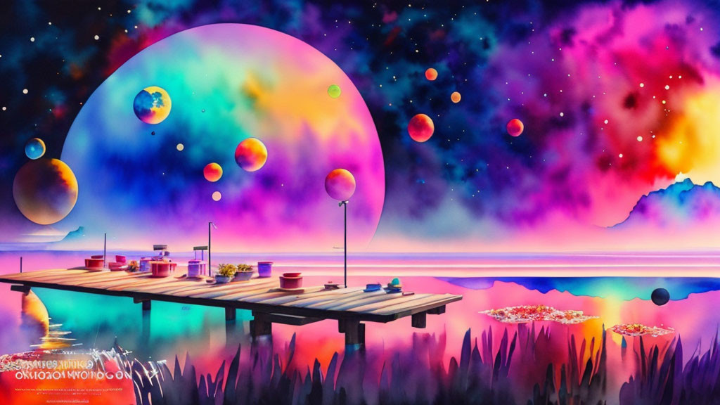 Colorful digital art: cosmic scene with pier, paint supplies, planets, nebula sky