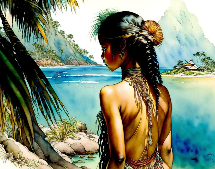 Woman with feather in hair admires blue lagoon and tropical scenery.