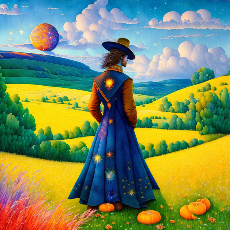 Person in Star-Patterned Blue Cloak in Vibrant Landscape