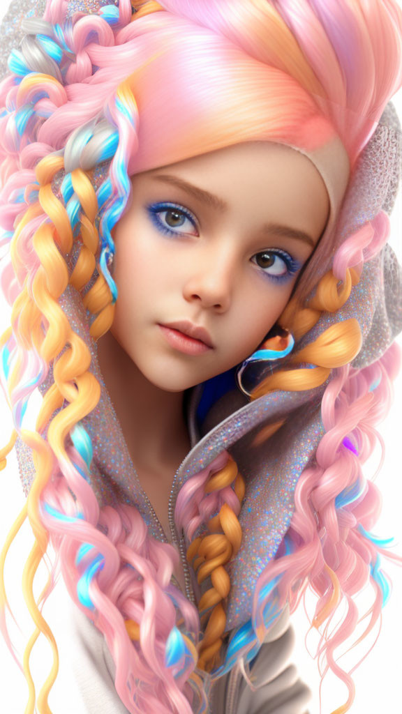 Multicolored braided hair, blue eyes, sparkling headphones.