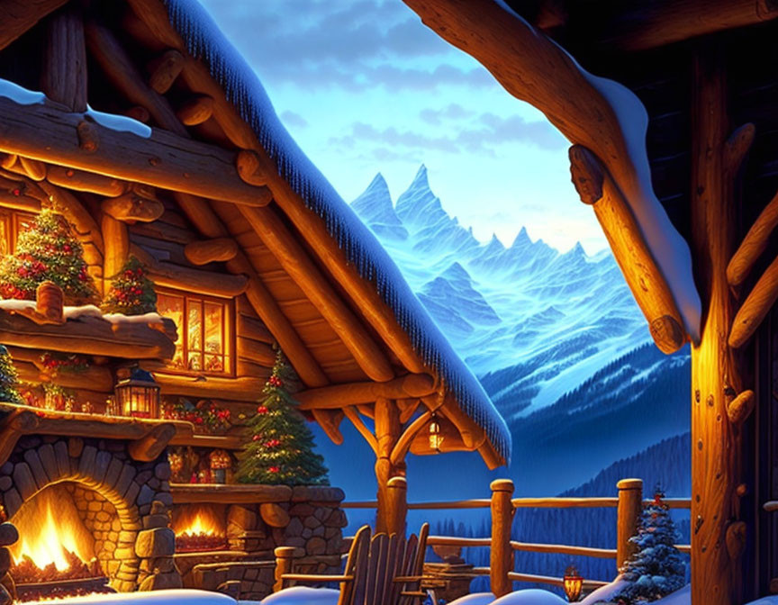 Snowy Mountain Range Viewed from Christmas Decorated Log Cabin