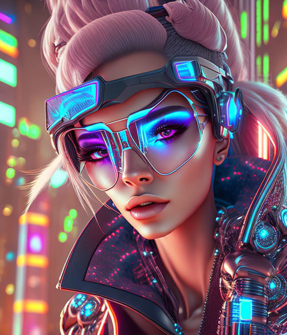 Futuristic woman with purple makeup in cyberpunk style against neon cityscape