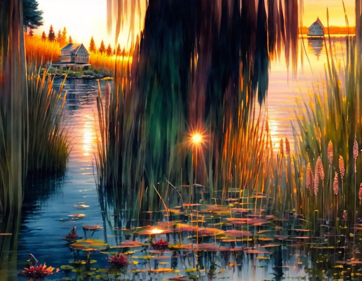 Tranquil lakeside sunset painting with lush vegetation and cottage