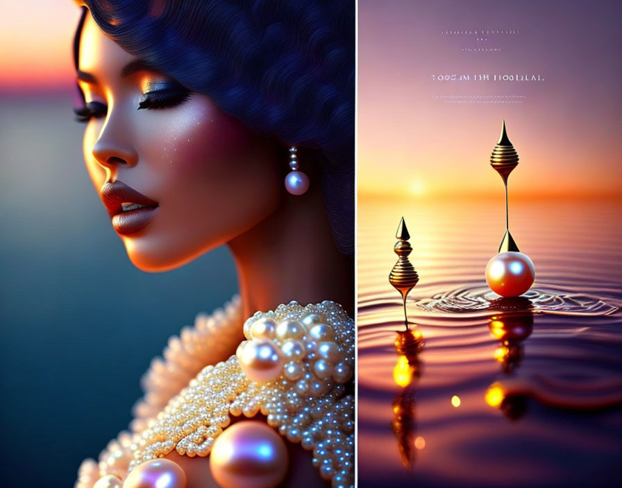 Woman with Pearl Jewelry in Serene Sunset Reflections on Water