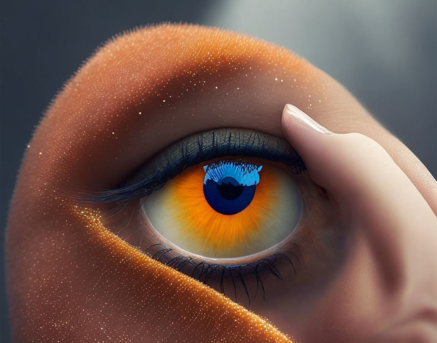 Detailed image: stylized human eye with orange-yellow gradient, blue iris, and fingertip touching eyel