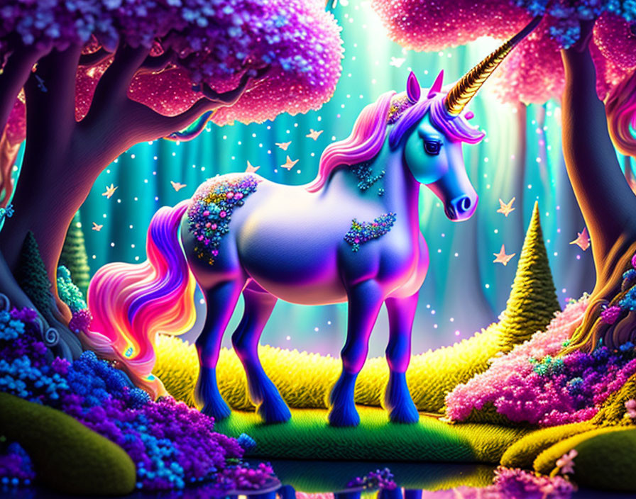 Colorful Unicorn with Rainbow Mane in Magical Forest