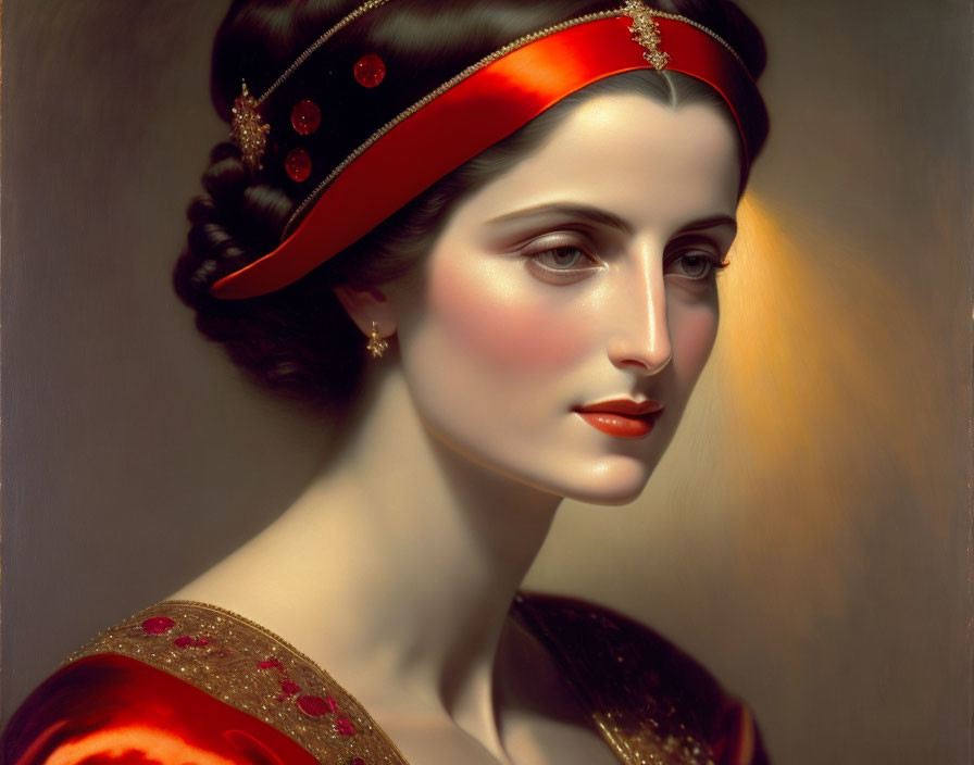 Serene woman in red gown with gold accents