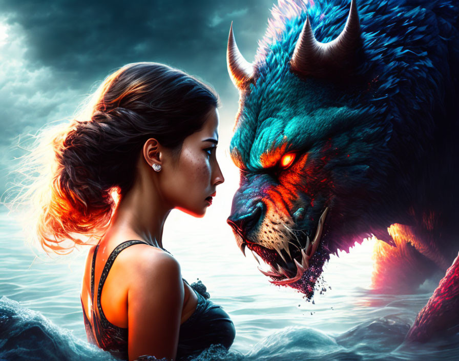 Woman confronts menacing wolf with red eyes in dark fantasy setting