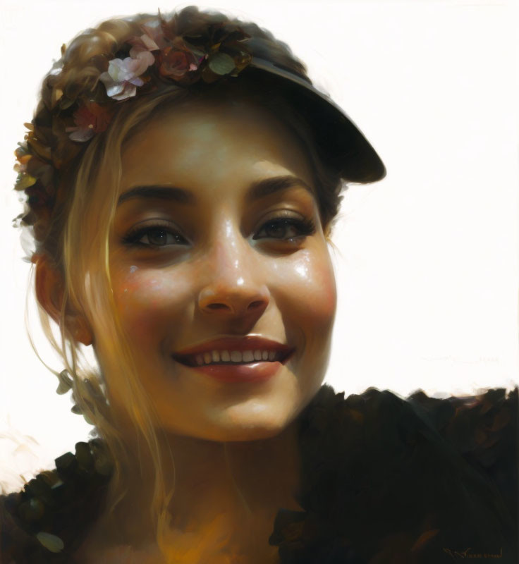 Smiling woman with flower crown and cap in warm-toned painting