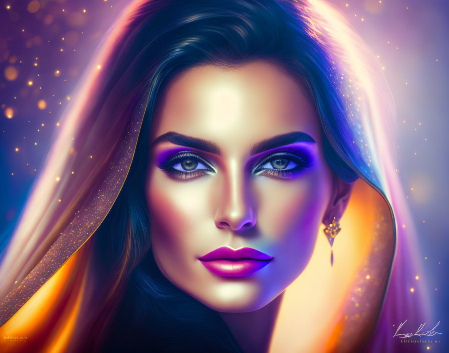 Digital portrait of a woman with luminous blue eyes in cosmic backdrop.