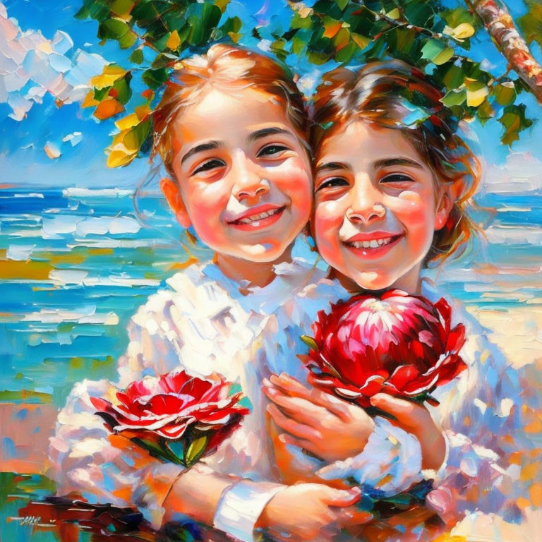 Smiling children with red flowers by blue seascape