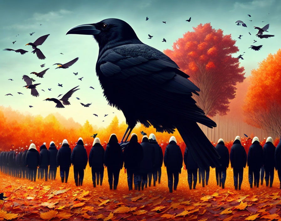 Multiple ravens and figures in autumnal landscape with orange sky