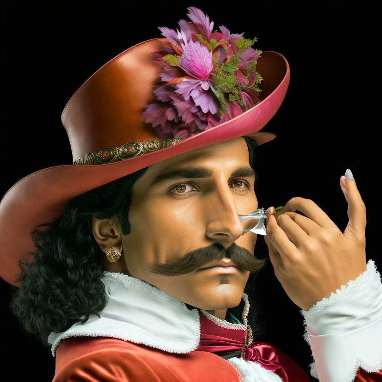 Man in red hat with mustache smelling rose in ruffled shirt and red jacket