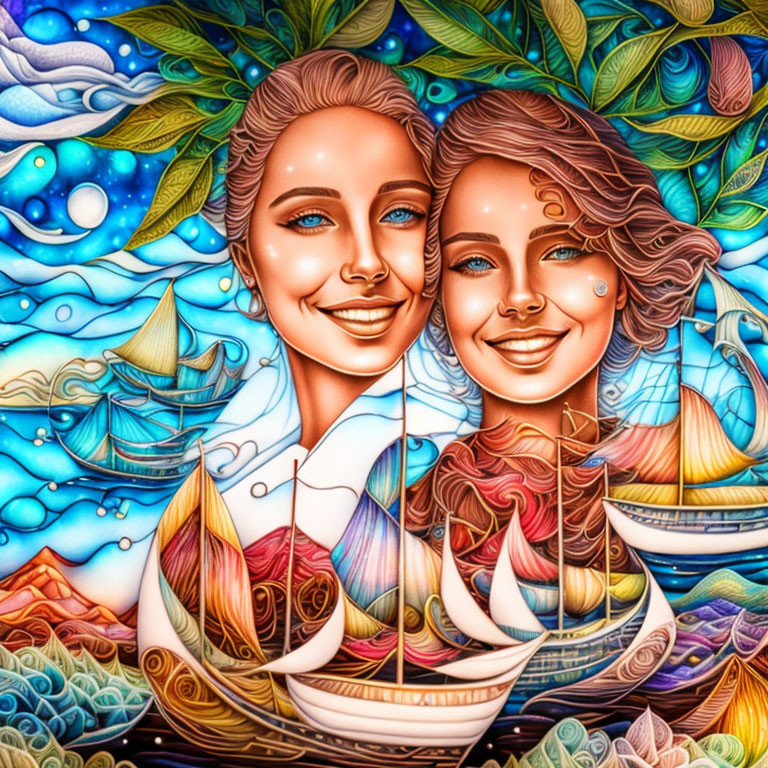 Colorful illustration of smiling faces with sailing scene, ships, sea, moonlit sky.