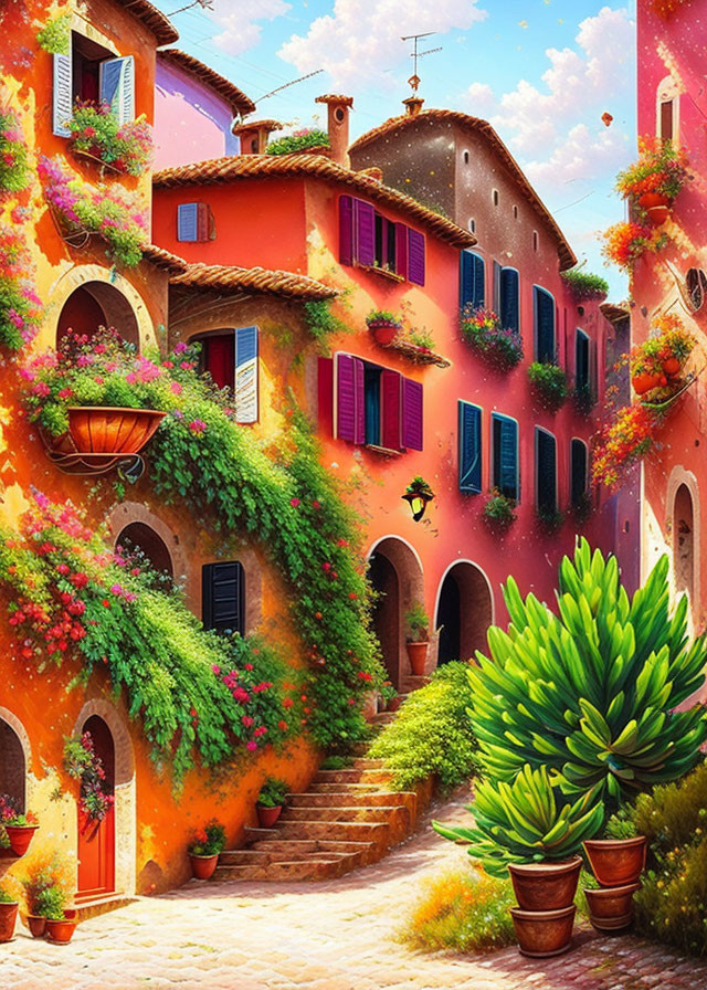 Colorful Mediterranean-style street illustration with flowering plants and red-shuttered windows