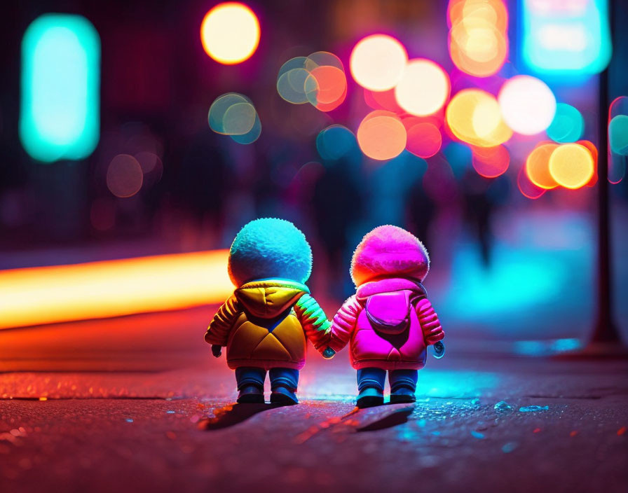 Toy figures with backpacks stroll on vibrant, bokeh-lit night street