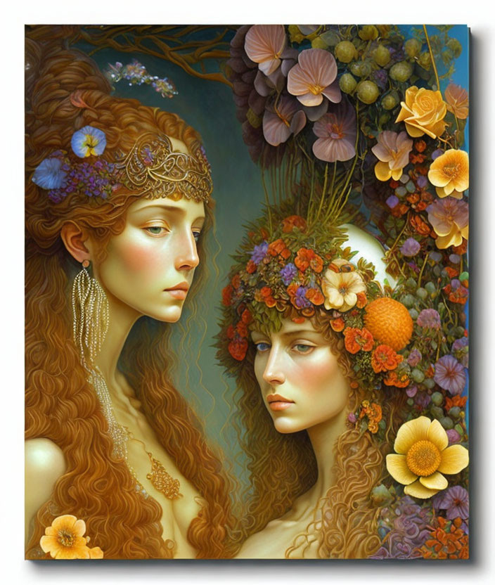 Illustration of two women with floral crowns and flowing hair in warm colors