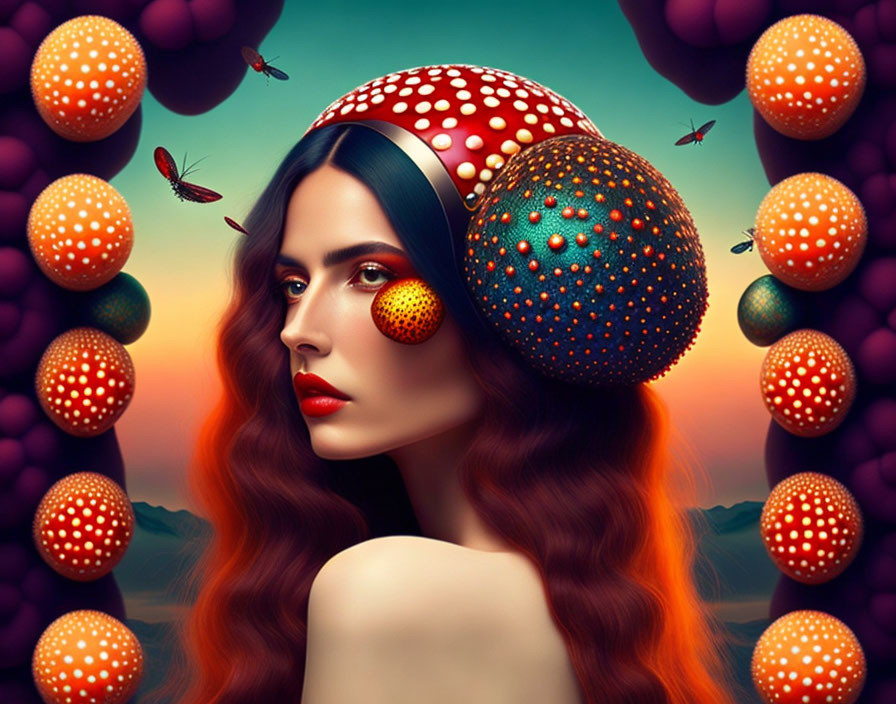 Vibrant surreal portrait with woman, strawberries, ladybugs, dream-like atmosphere