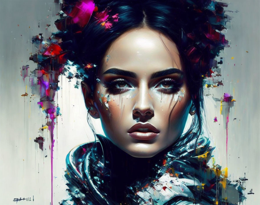 Vivid digital artwork of intense gaze with colorful splatters