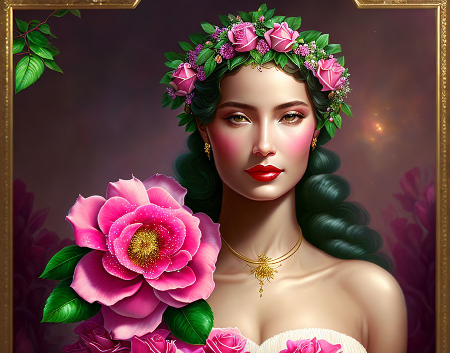 Detailed digital portrait of woman with floral crown and pink flower, intricate makeup, and gold necklace