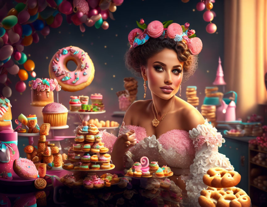 Woman in candy-themed attire surrounded by colorful sweets